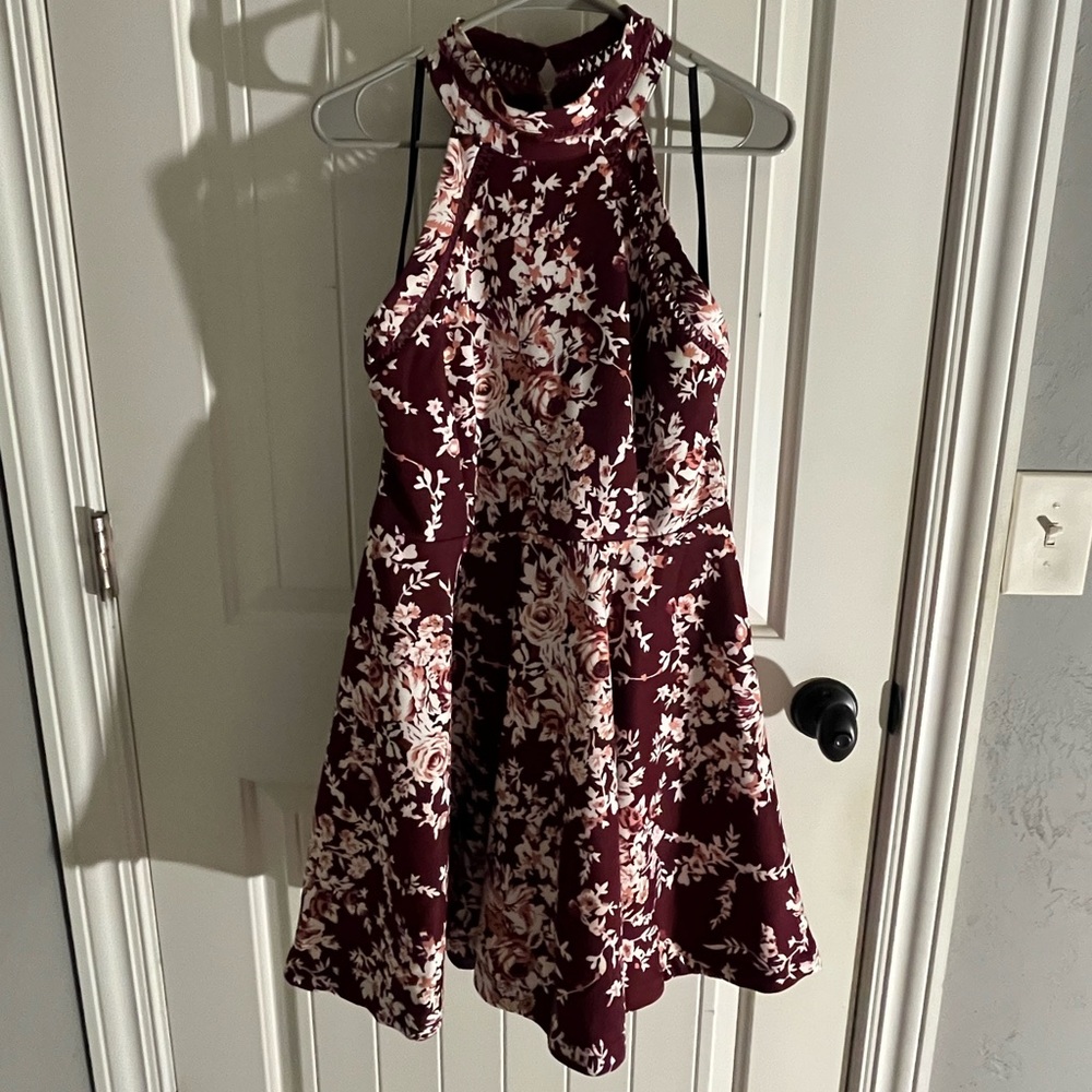 Burgundy, Floral Halter Dress